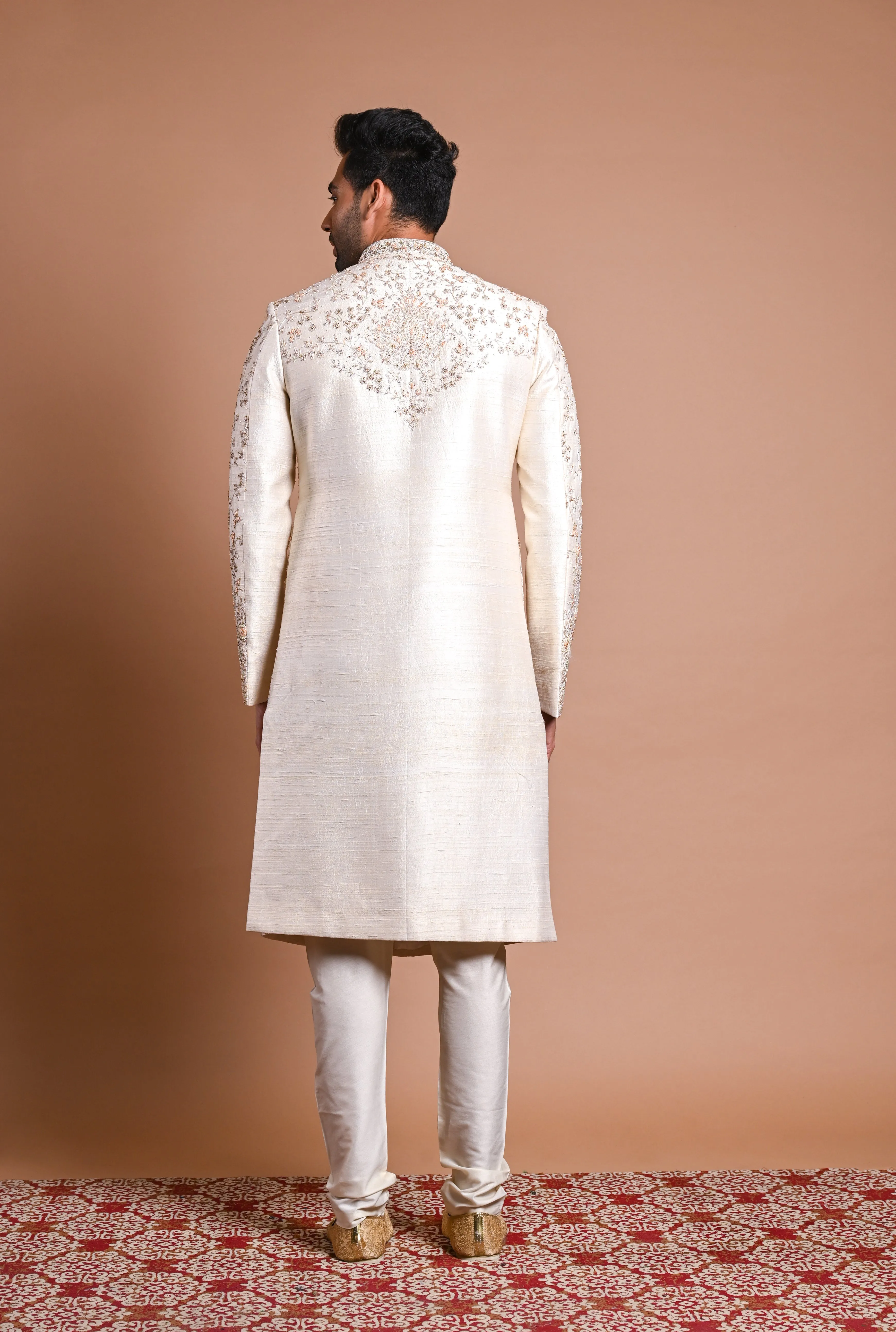 Cream Raw Silk Sherwani With Pearl, Cut Dana & resham Work