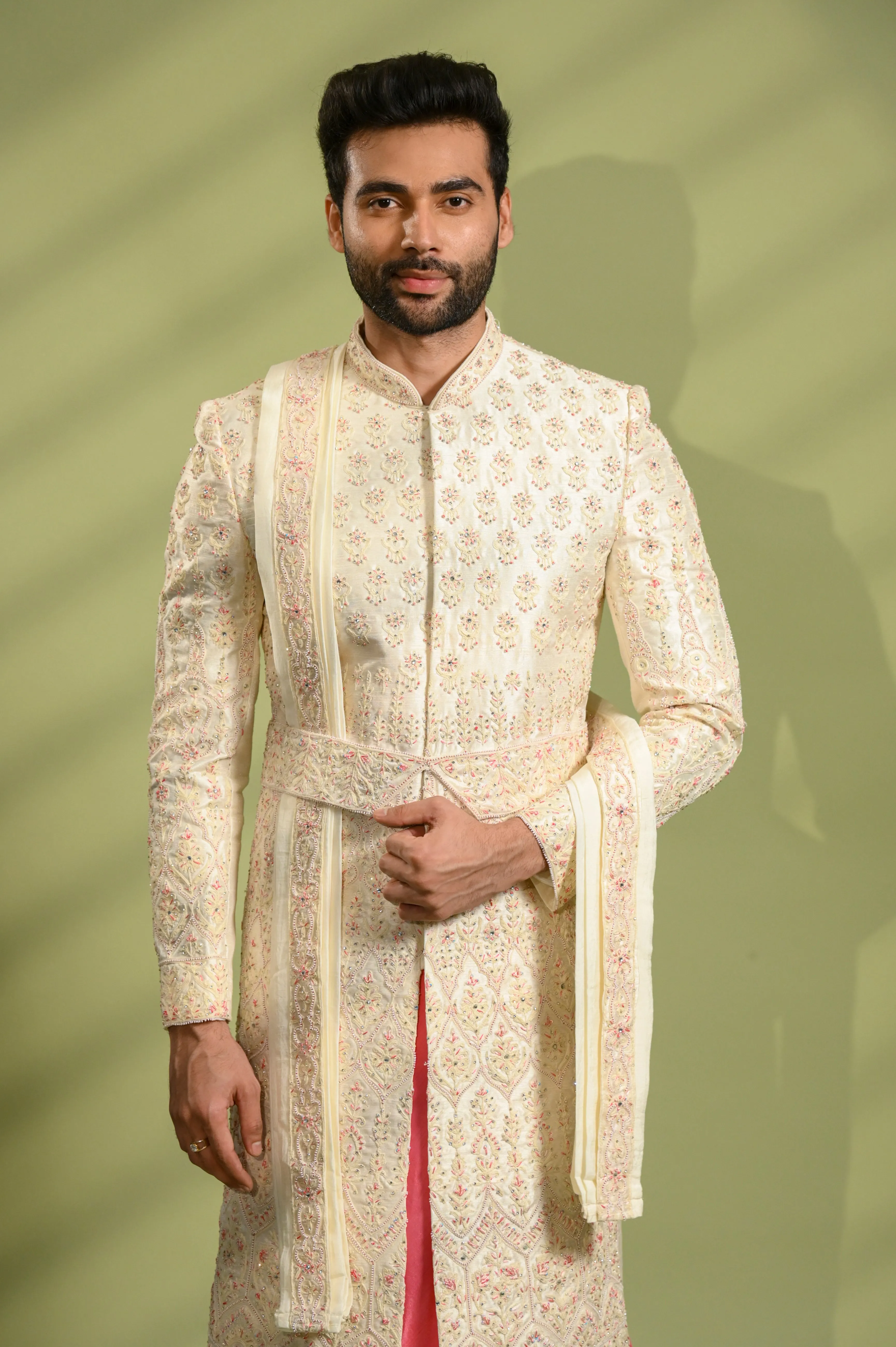 Cream Sherwani for Groom with Belt in Swarovski Work