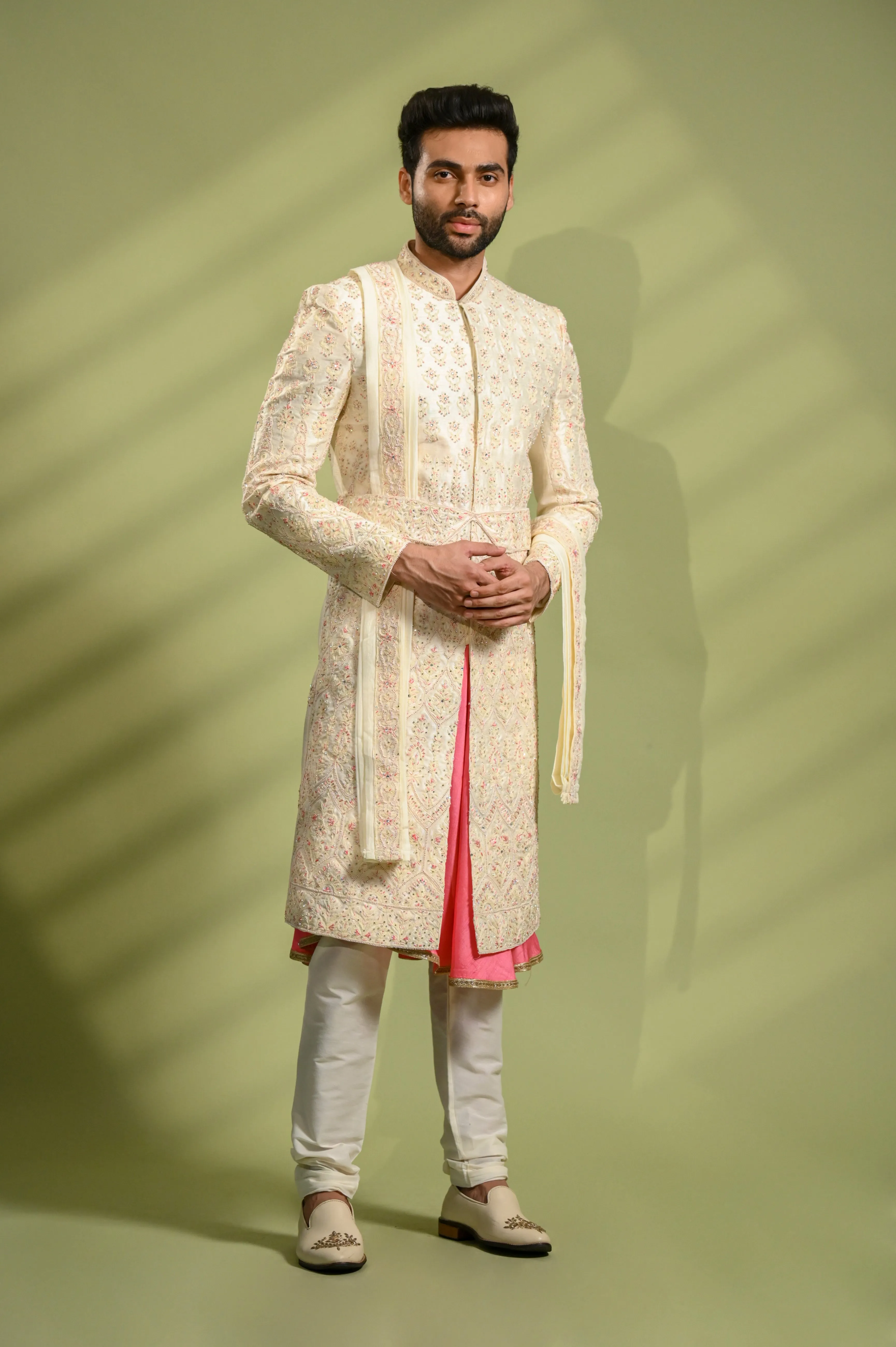 Cream Sherwani for Groom with Belt in Swarovski Work