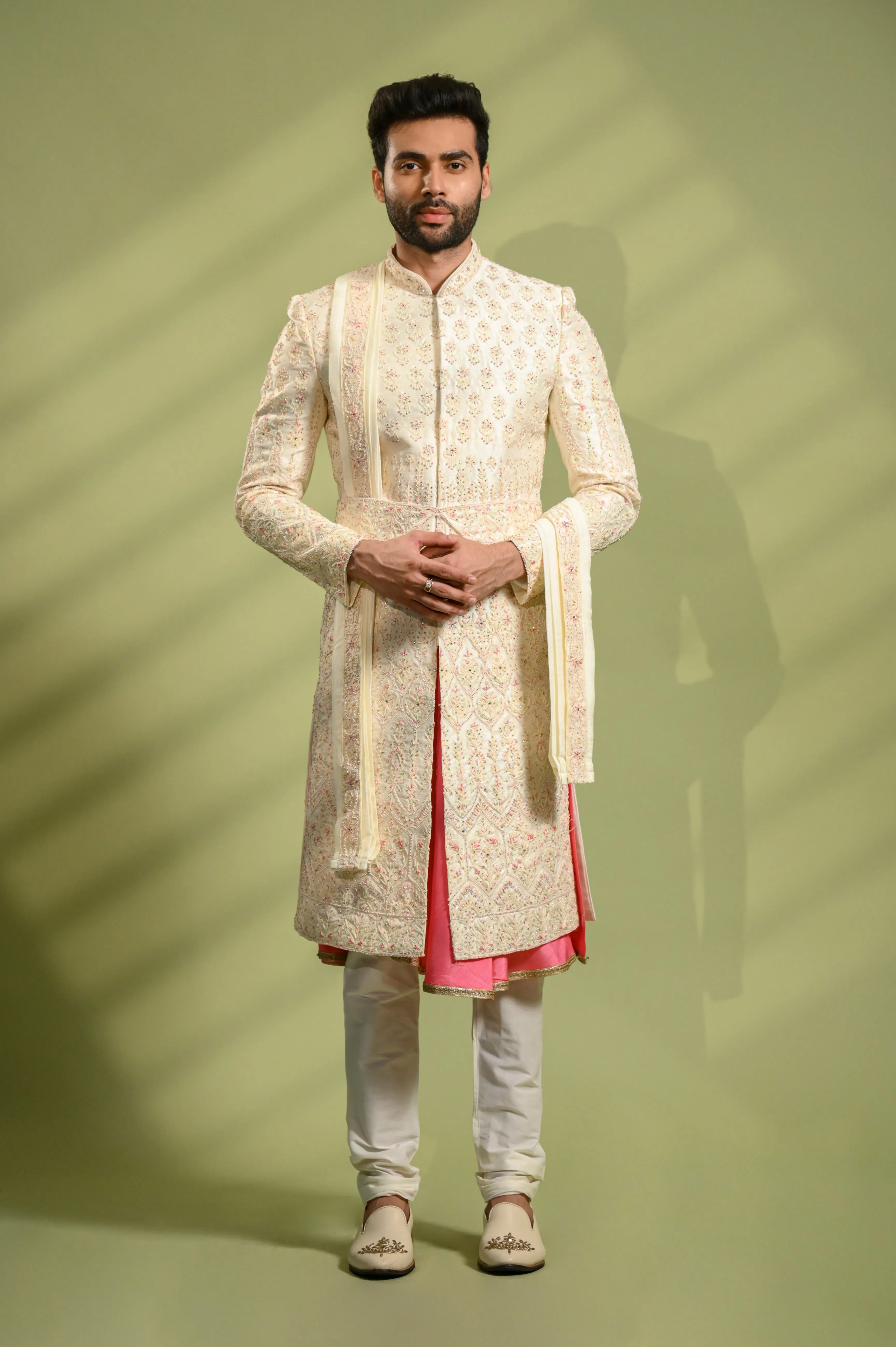 Cream Sherwani for Groom with Belt in Swarovski Work