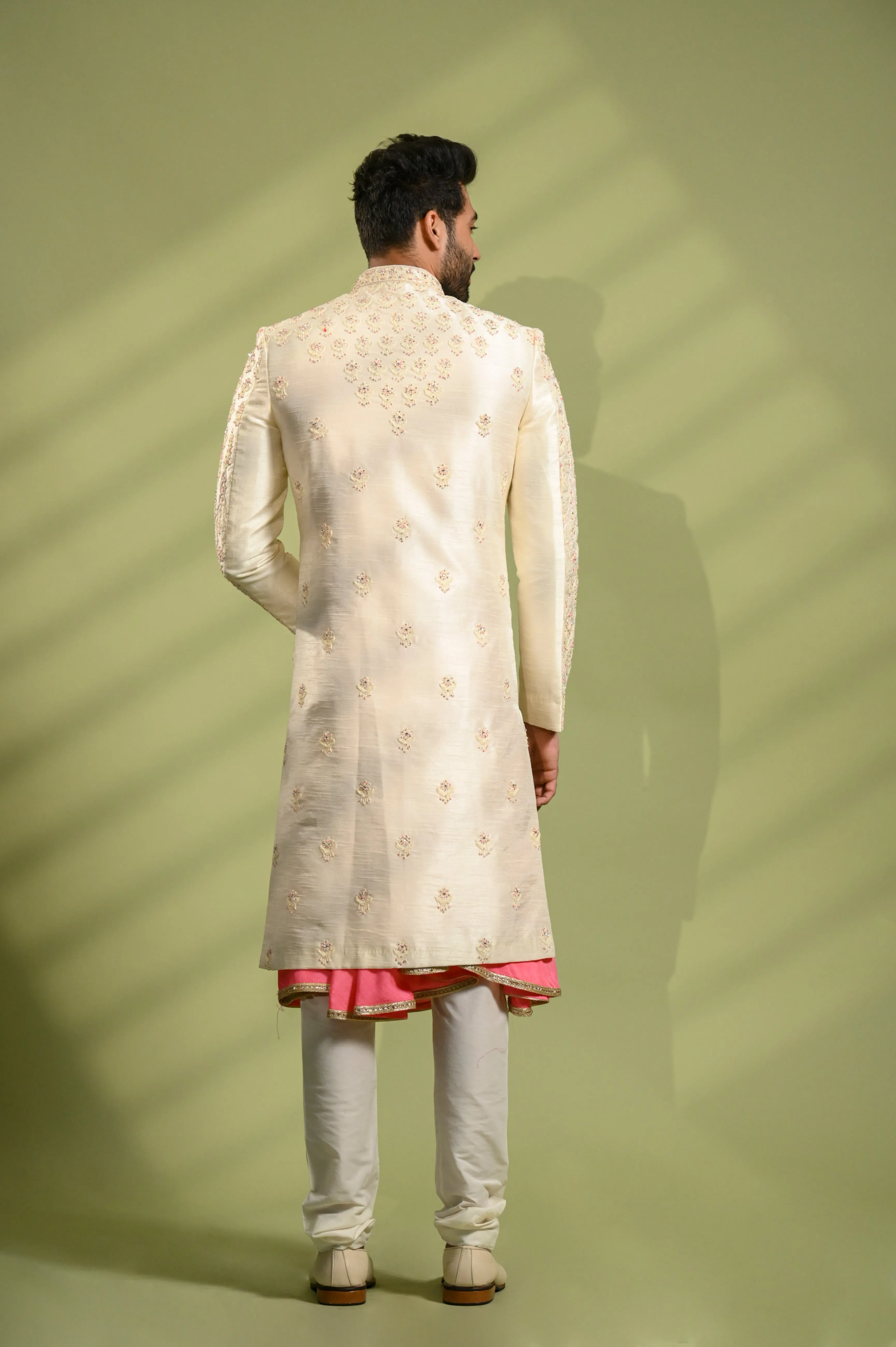 Cream Sherwani for Groom with Belt in Swarovski Work