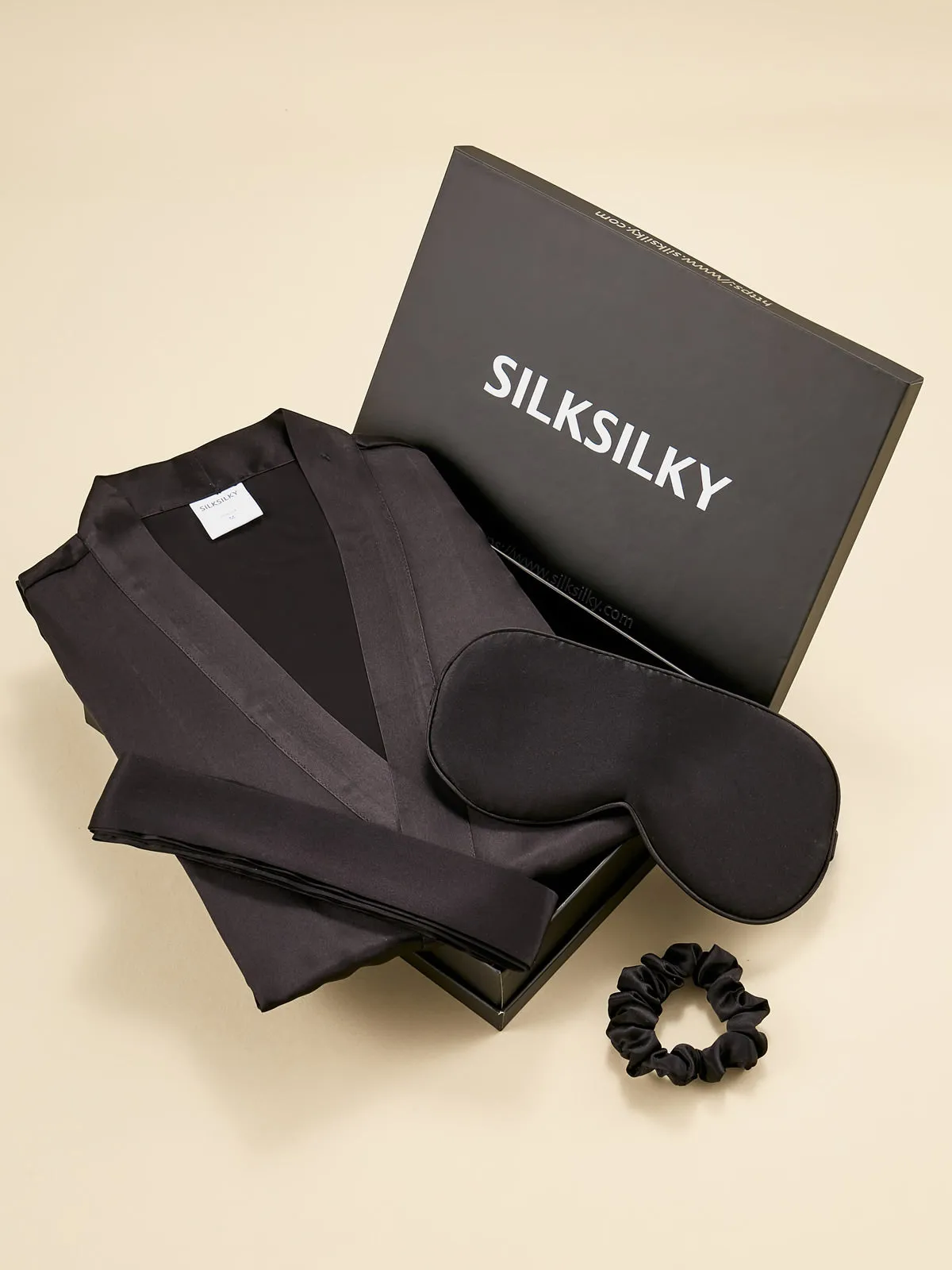 Gift Set - Silk Half Sleeve Belted Dressing Gown & Eye Mask & Scrunchie