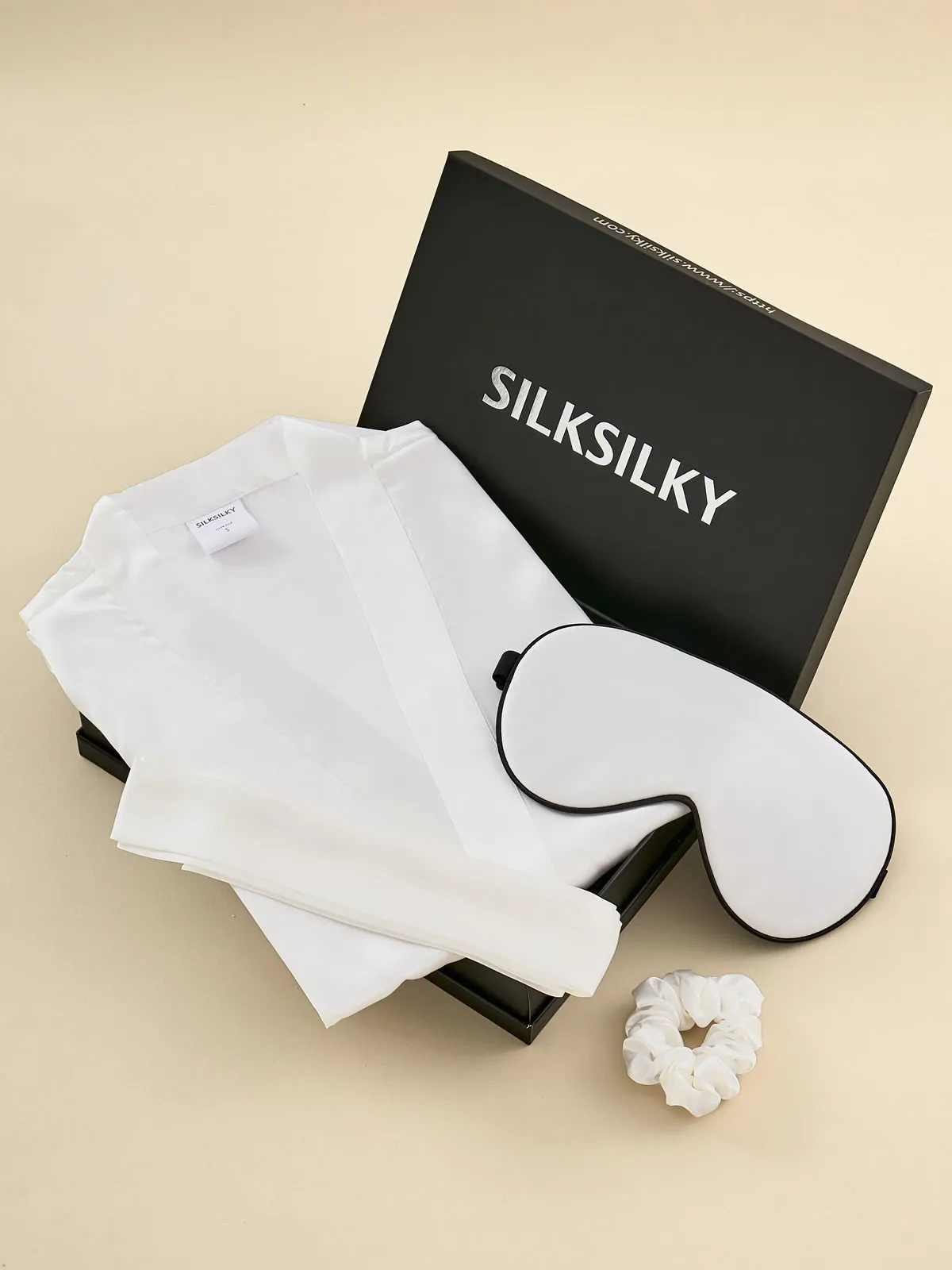 Gift Set - Silk Half Sleeve Belted Dressing Gown & Eye Mask & Scrunchie