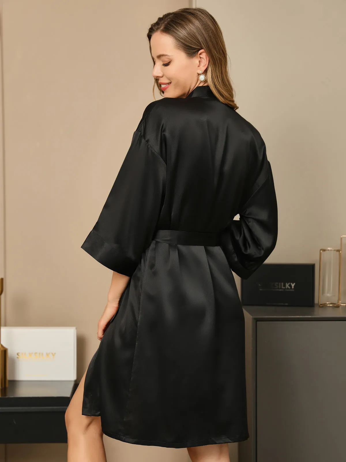 Gift Set - Silk Half Sleeve Belted Dressing Gown & Eye Mask & Scrunchie