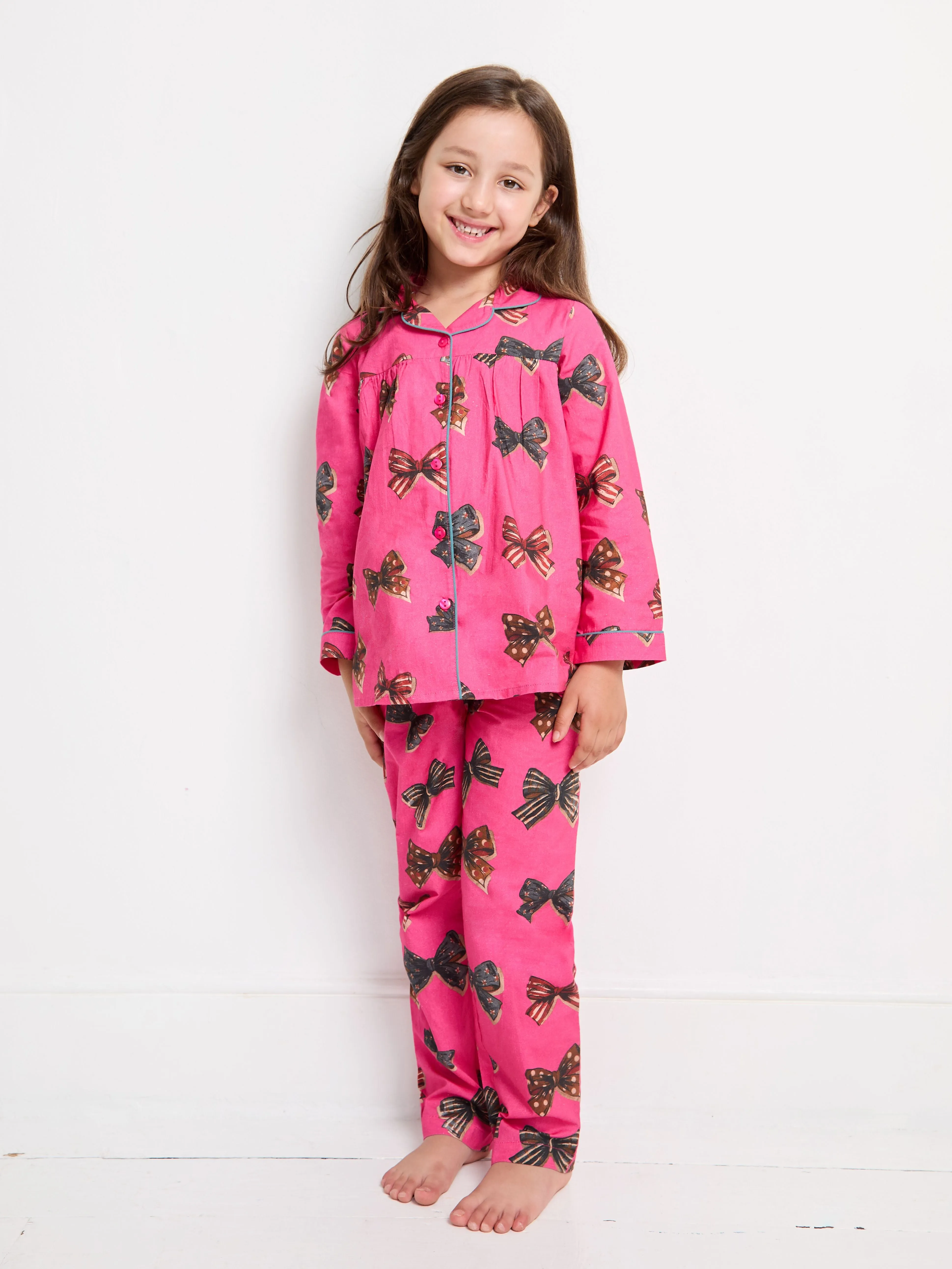 Girls Cotton Pyjamas Pink Bows