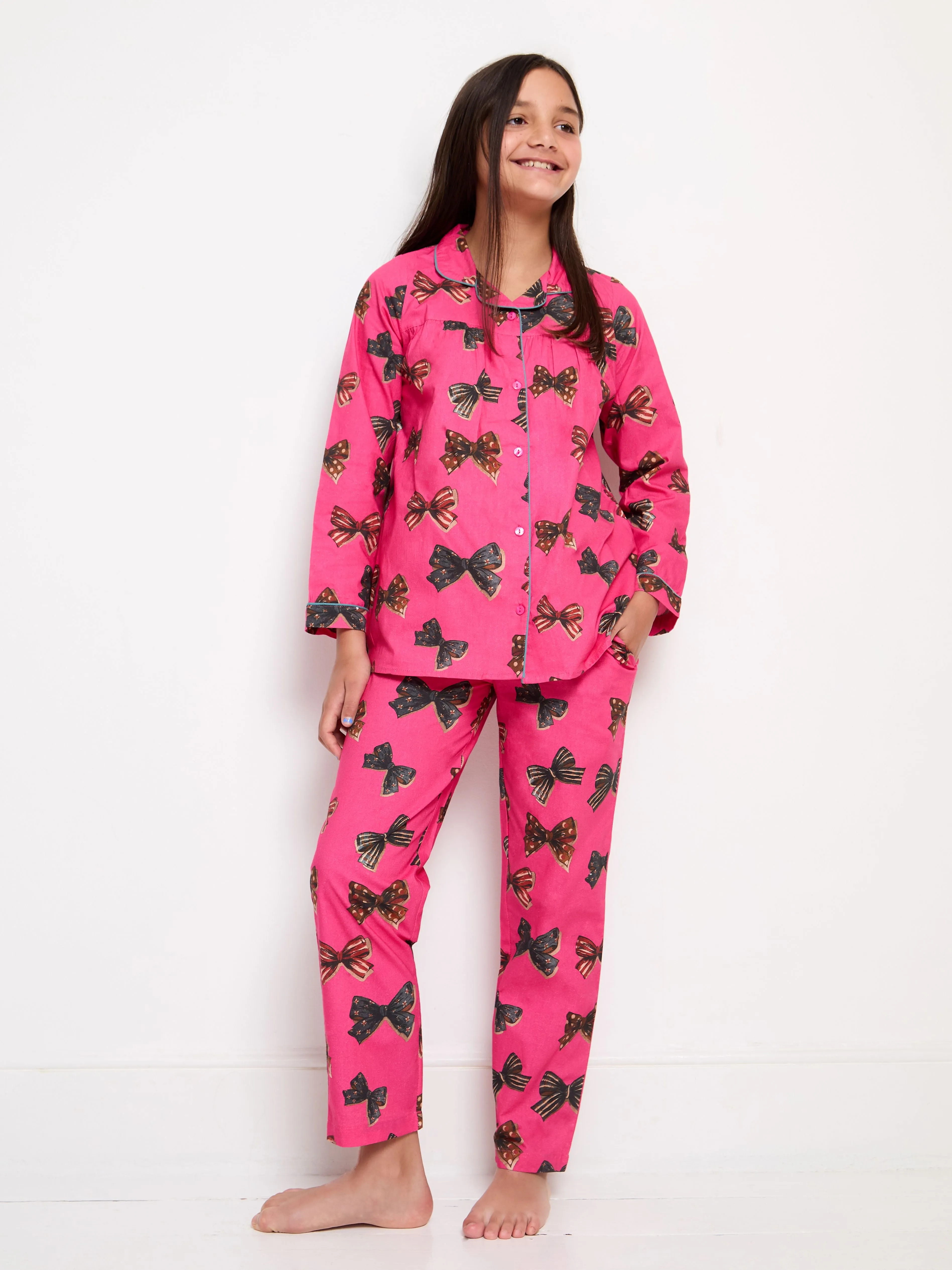 Girls Cotton Pyjamas Pink Bows