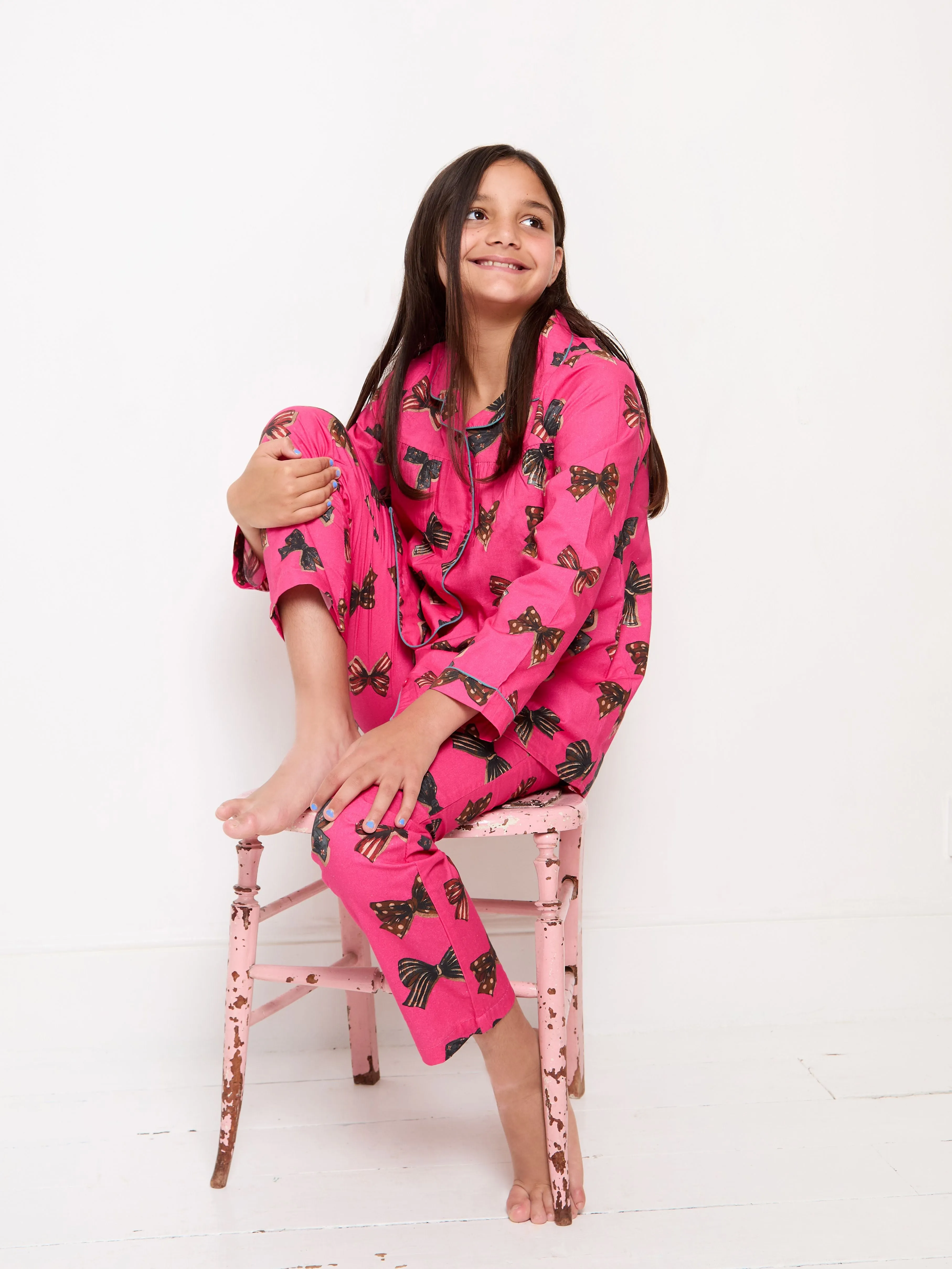 Girls Cotton Pyjamas Pink Bows