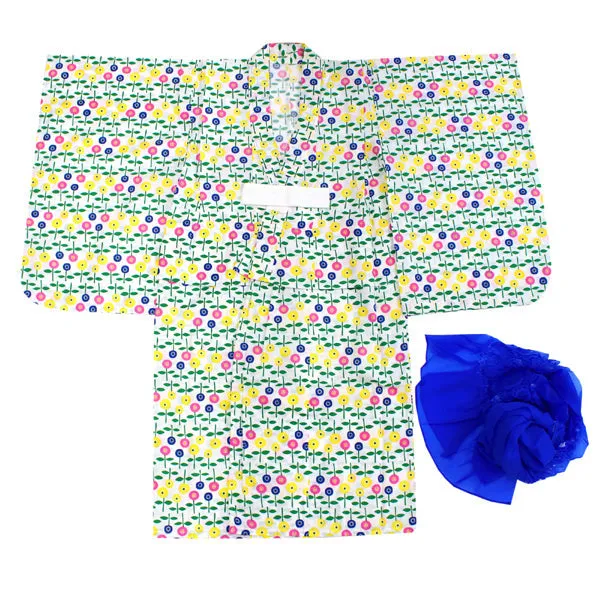Girl's Scandinavian-Patterned Yukata & Heko-obi Set : Pink& Yellow Daisy