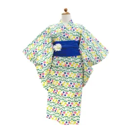 Girl's Scandinavian-Patterned Yukata & Heko-obi Set : Pink& Yellow Daisy