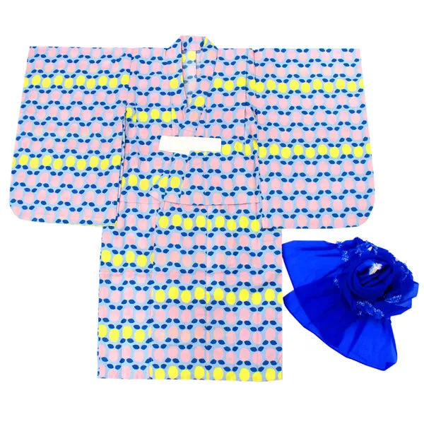 Girl's Scandinavian-Patterned Yukata & Heko-obi Set : Pink/Yellow Lemon