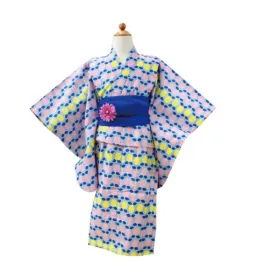 Girl's Scandinavian-Patterned Yukata & Heko-obi Set : Pink/Yellow Lemon