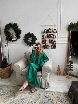 Green Christmas Pajama Set, Ostrich Feather PJs, Long Sleeve Silk Pajamas for Women, Holiday Pajamas, Bridesmaid PJ, Gift for Wife