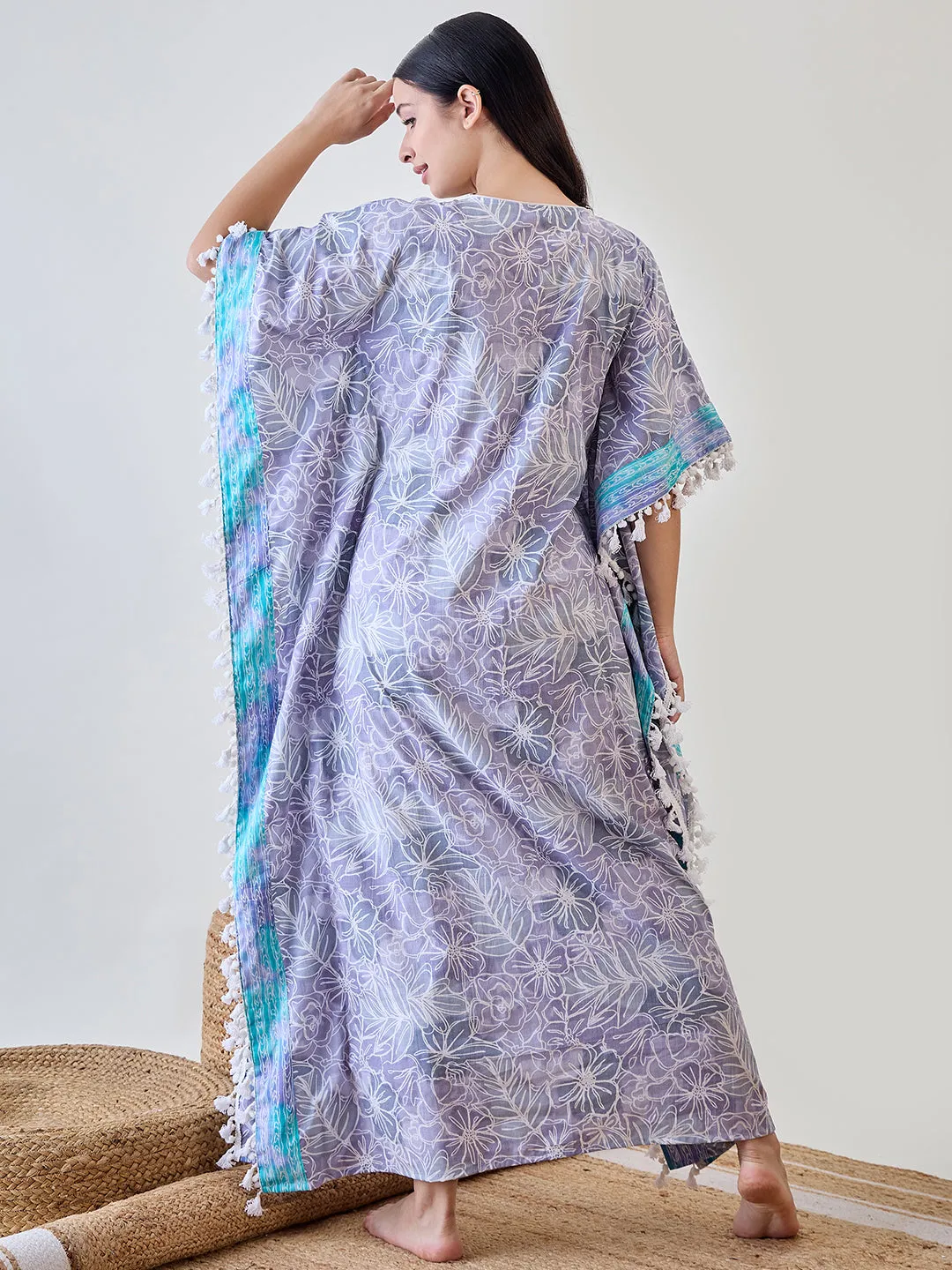 Grey Abstract Floral White Tasselled Cotton Kaftan Nightdress