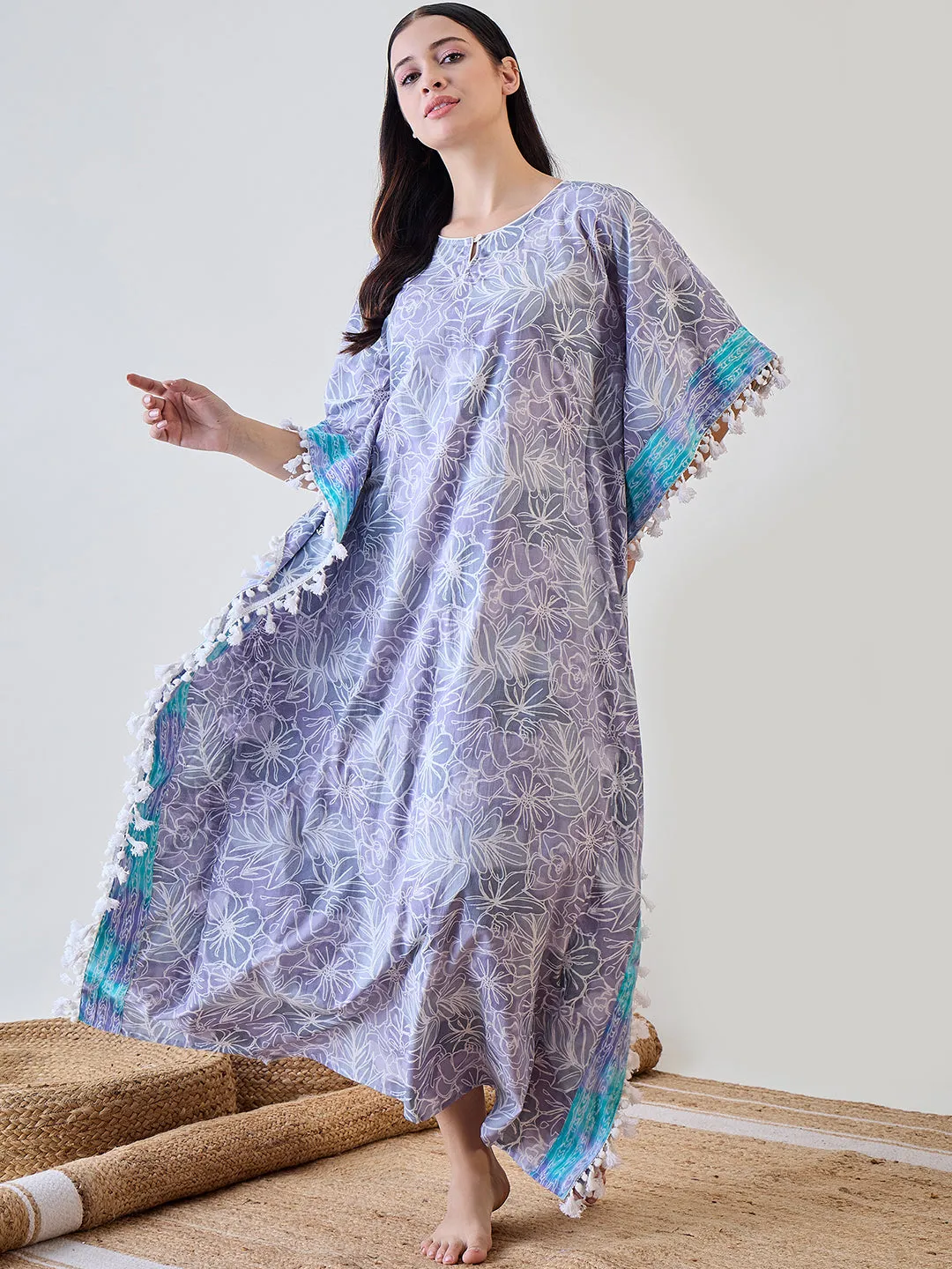 Grey Abstract Floral White Tasselled Cotton Kaftan Nightdress