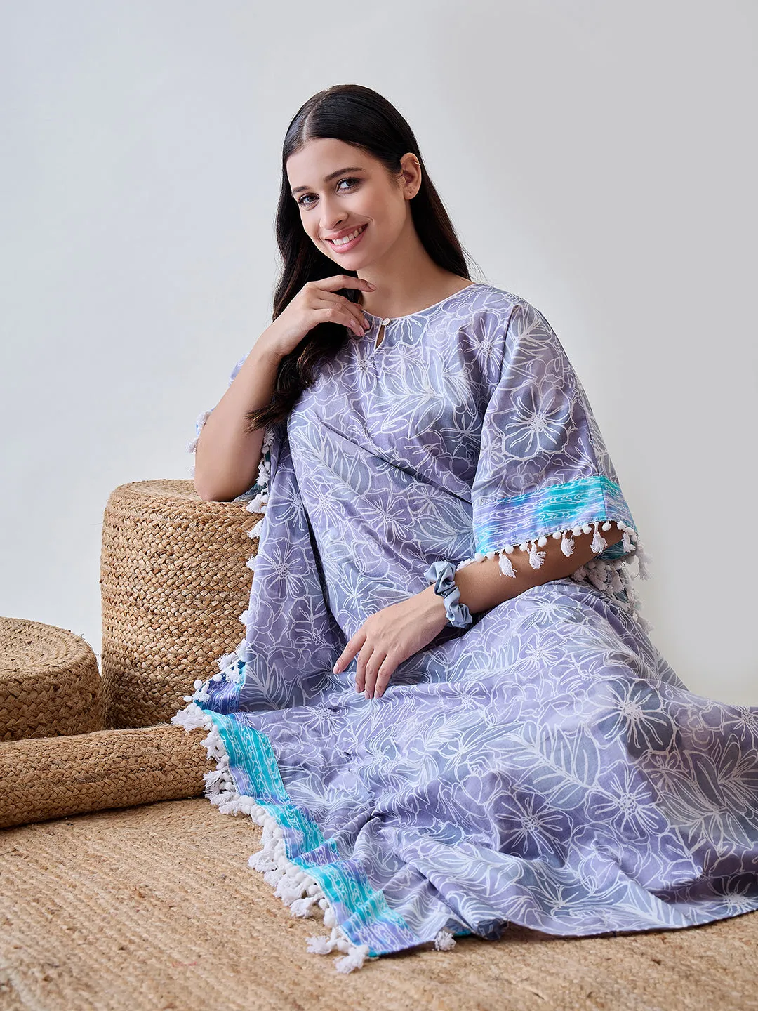 Grey Abstract Floral White Tasselled Cotton Kaftan Nightdress