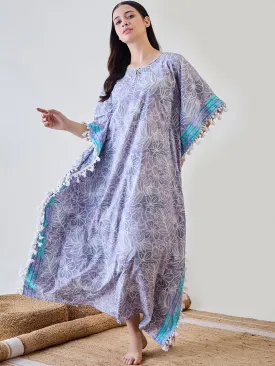 Grey Abstract Floral White Tasselled Cotton Kaftan Nightdress