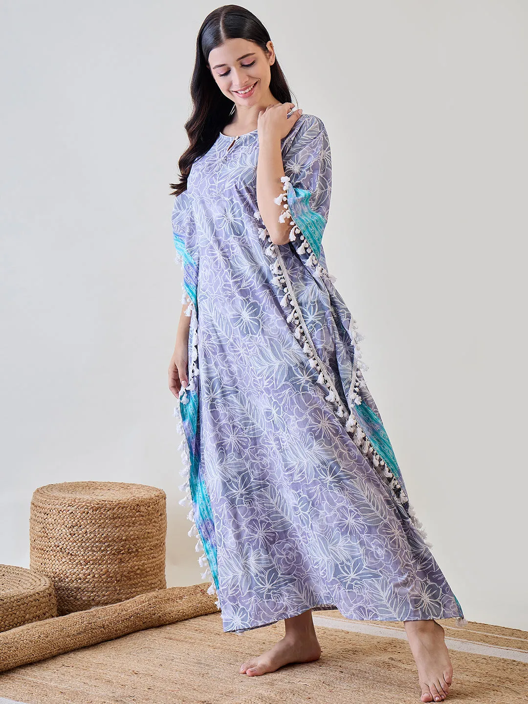 Grey Abstract Floral White Tasselled Cotton Kaftan Nightdress
