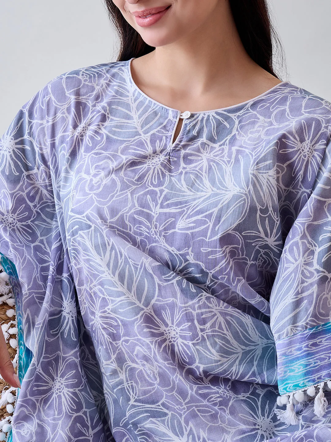 Grey Abstract Floral White Tasselled Cotton Kaftan Nightdress