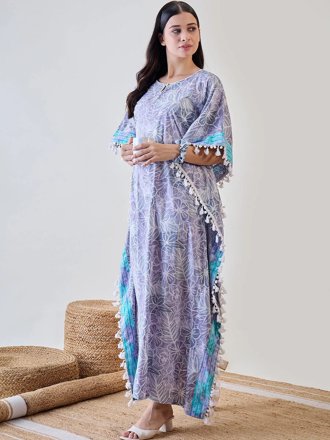 Grey Abstract Floral White Tasselled Cotton Kaftan Nightdress