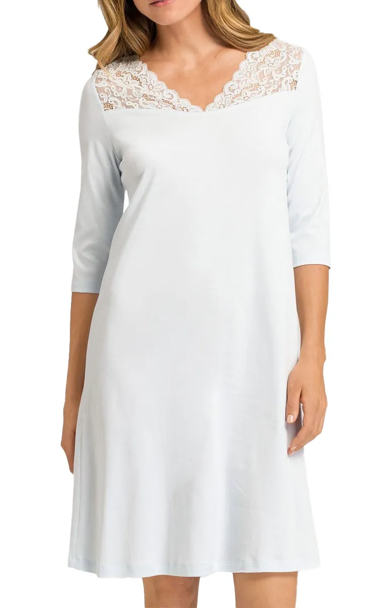 Hanro 100% Cotton Nightgown with 3/4 Sleeve in Cool Blue Moments 7931