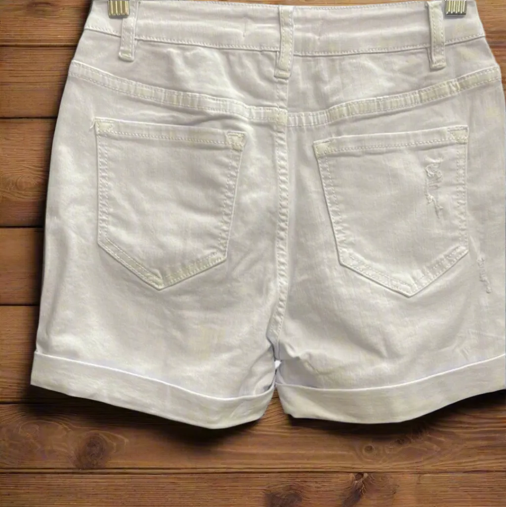 High Rise White Destroy Roll Cuff Shorts V7156W