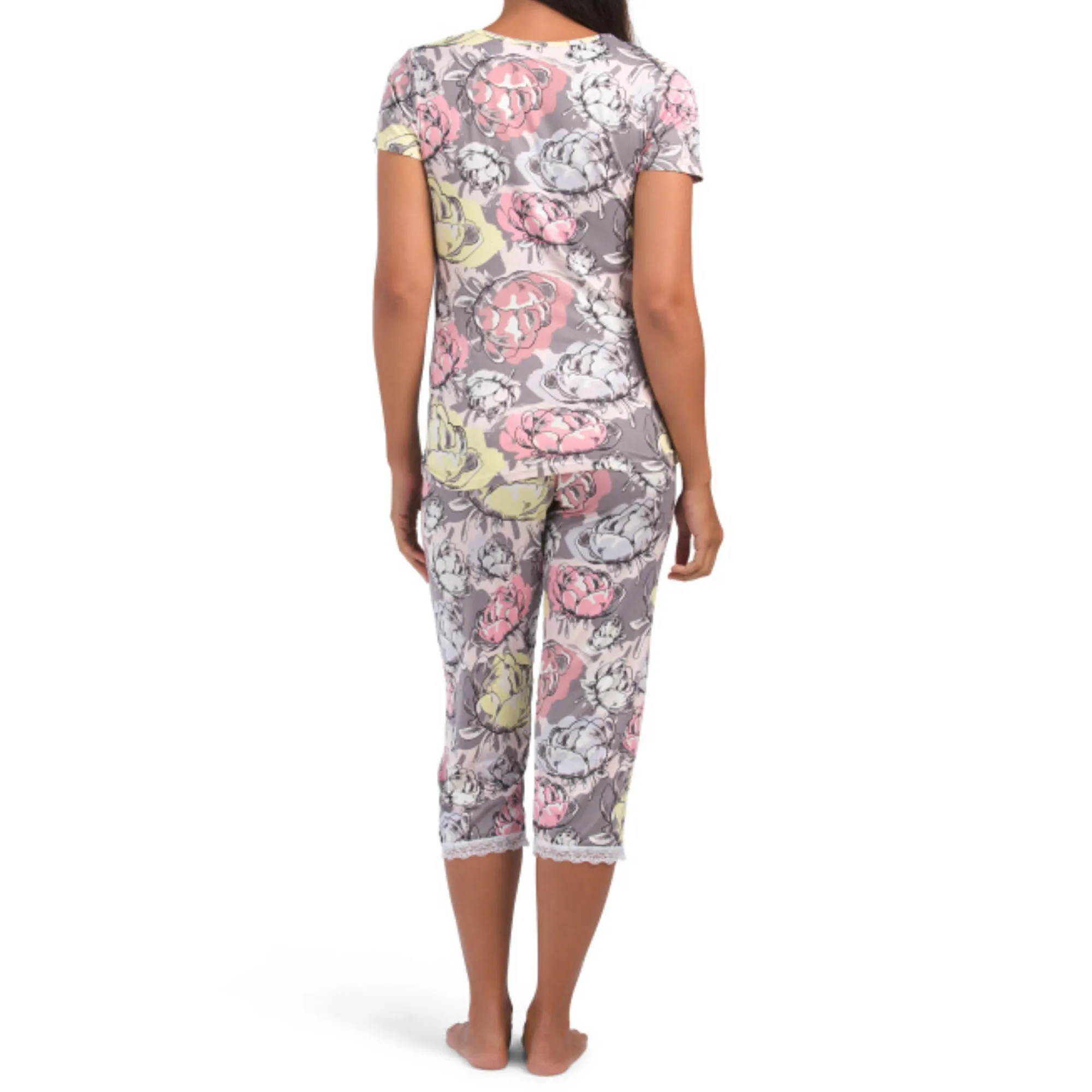 JOAN VASS Women's 2-Pc Super Soft Floral Print Lace Trim Pj Tee & Capri Pajama Set