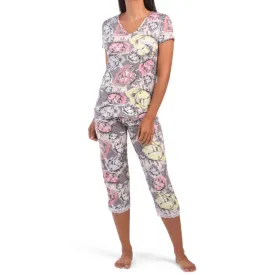 JOAN VASS Women's 2-Pc Super Soft Floral Print Lace Trim Pj Tee & Capri Pajama Set