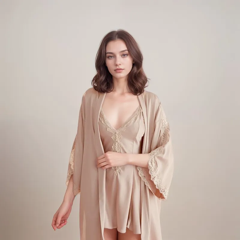 Lace hem 5 colors Silky Bridal Lingerie Set S-5XL Night Dress and Robe