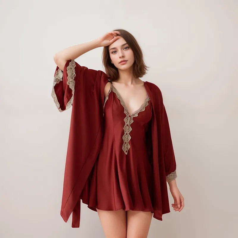 Lace hem 5 colors Silky Bridal Lingerie Set S-5XL Night Dress and Robe