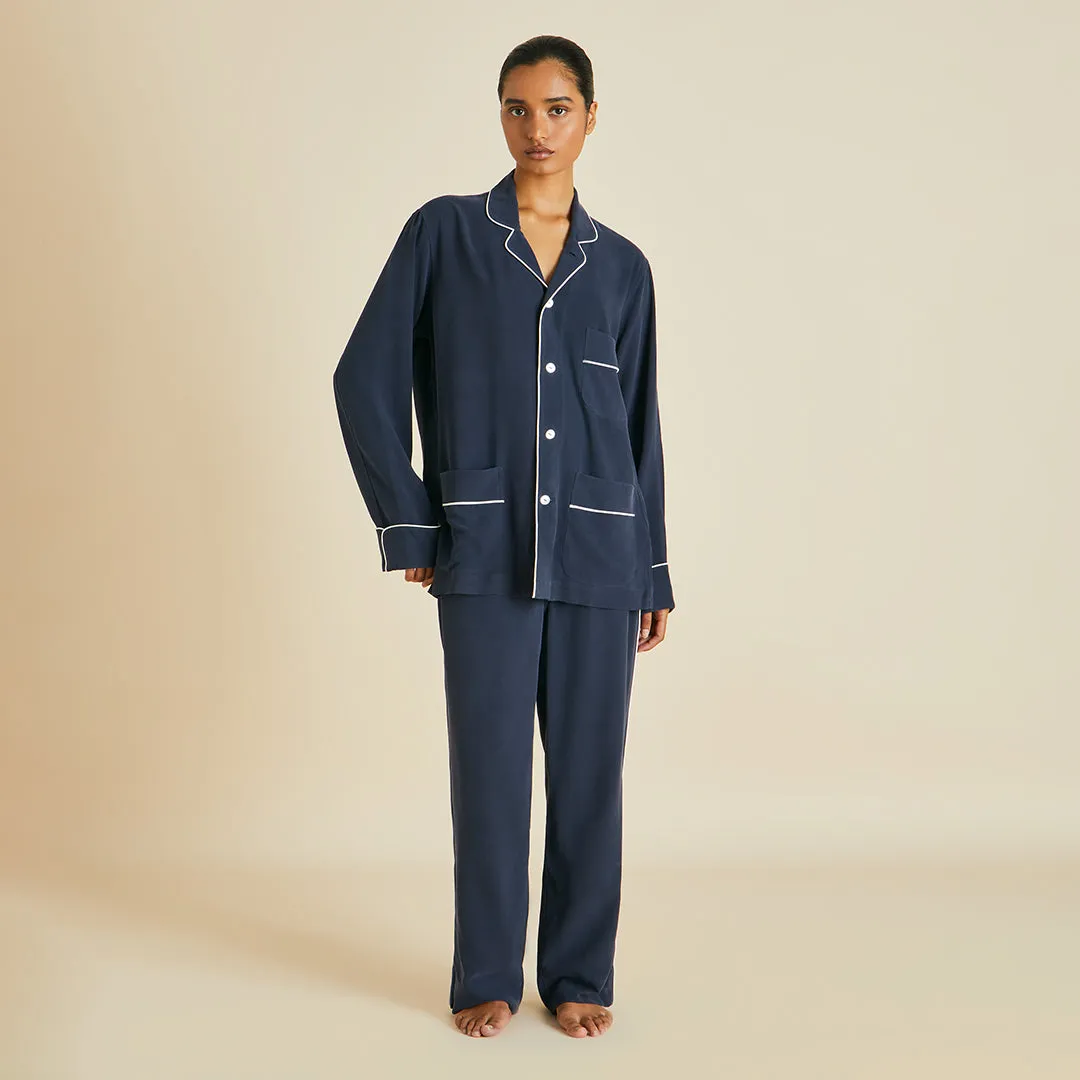 Laurent Navy Pajamas in Sandwashed Silk