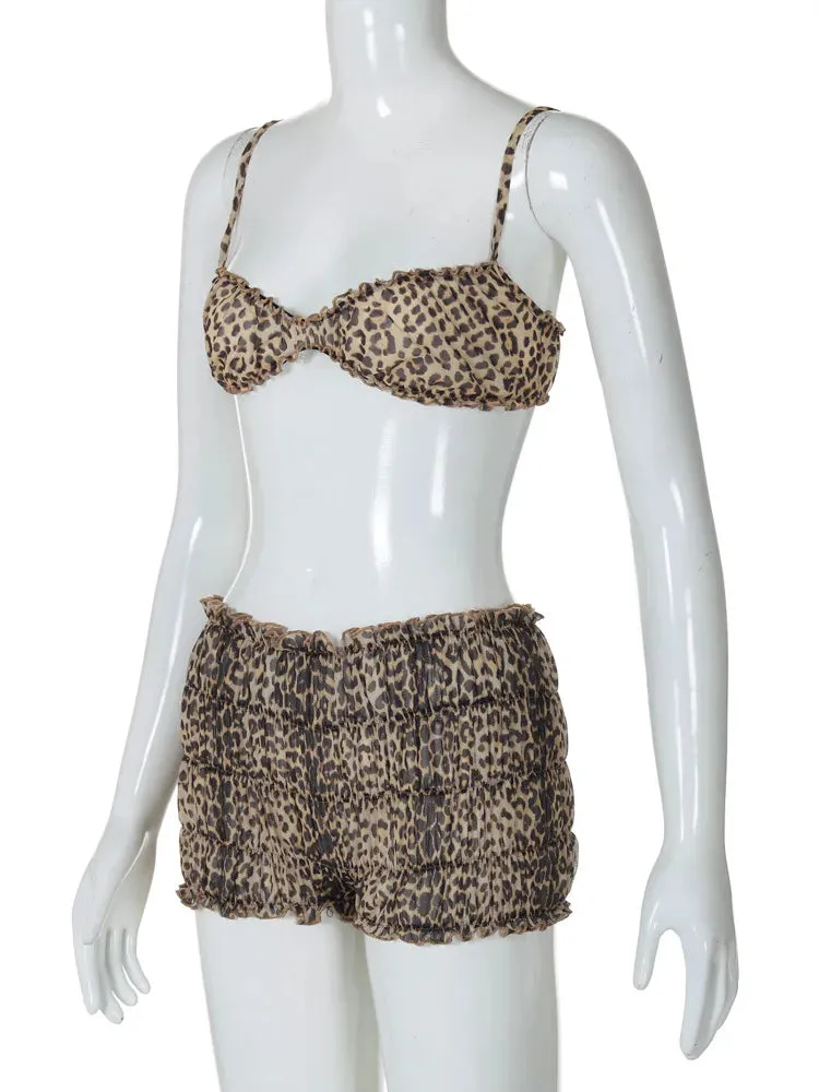 Leopard Print Ruffles Cami Graceful Bra Top and Shorts Set
