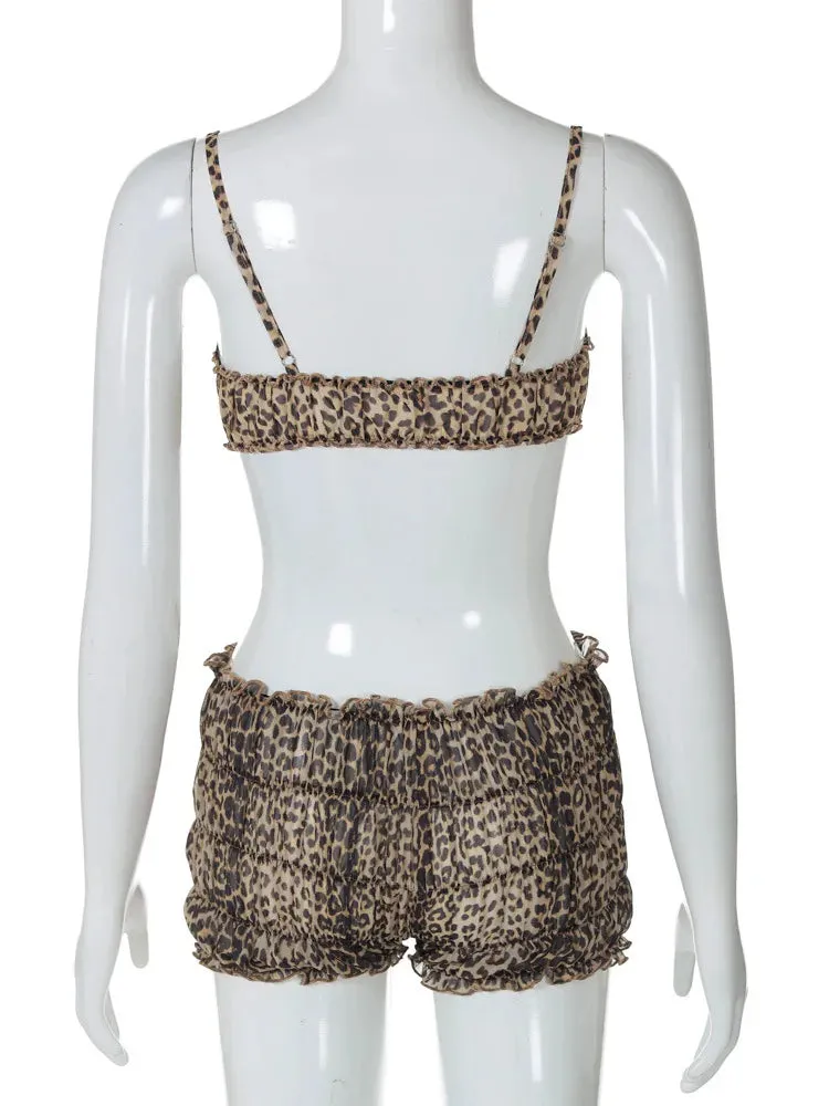 Leopard Print Ruffles Cami Graceful Bra Top and Shorts Set