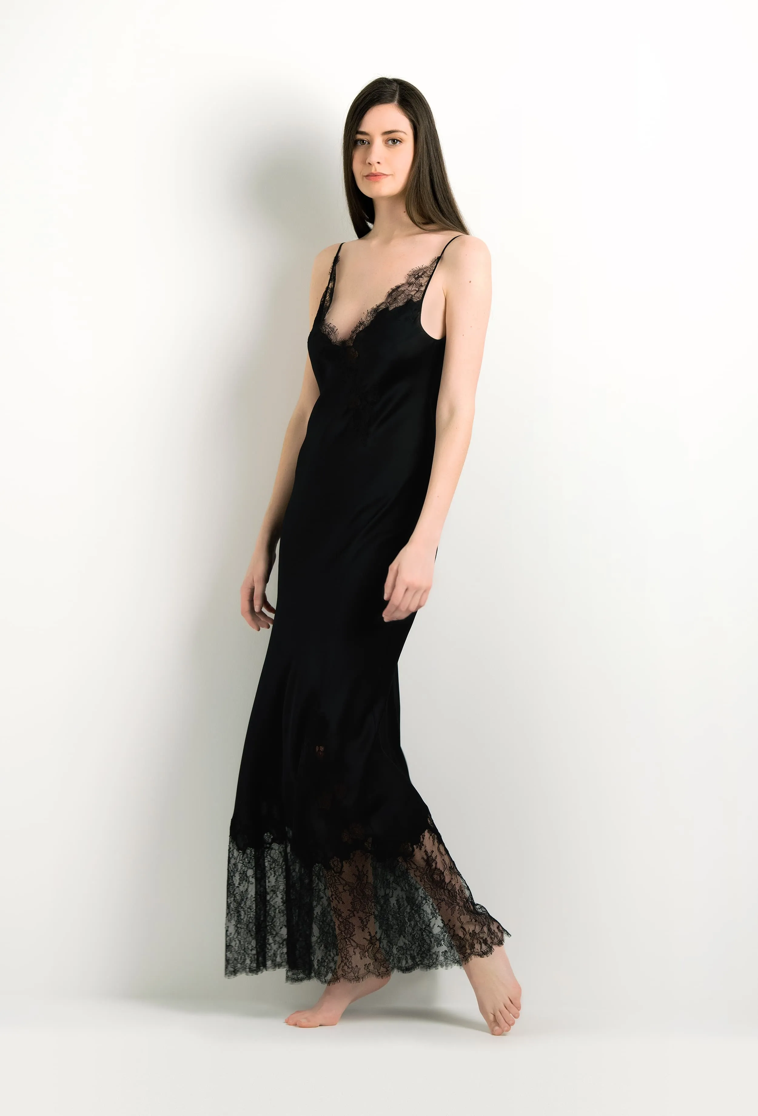 Long silk slip dress - Black and Black Caudry lace