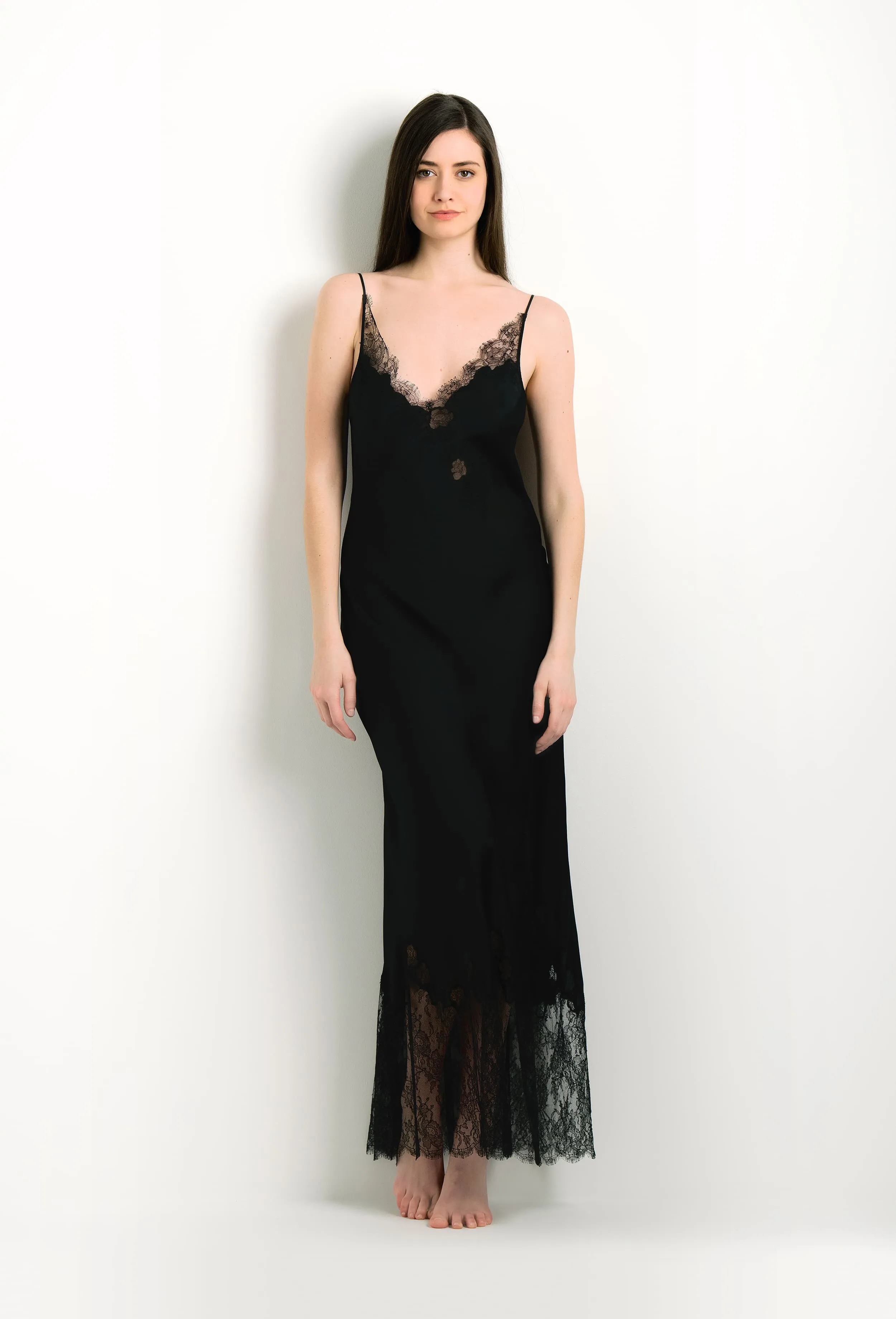 Long silk slip dress - Black and Black Caudry lace