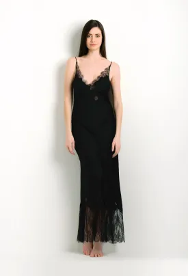 Long silk slip dress - Black and Black Caudry lace