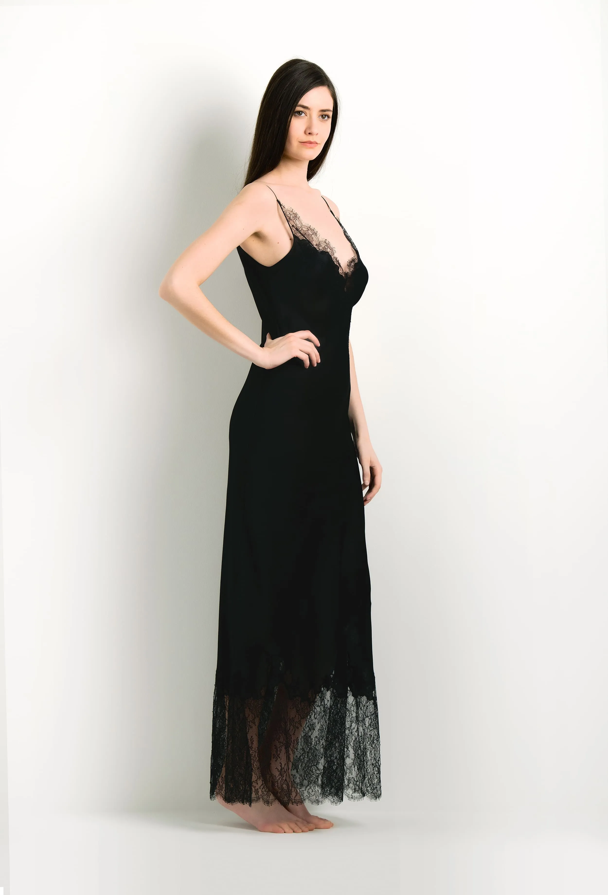 Long silk slip dress - Black and Black Caudry lace