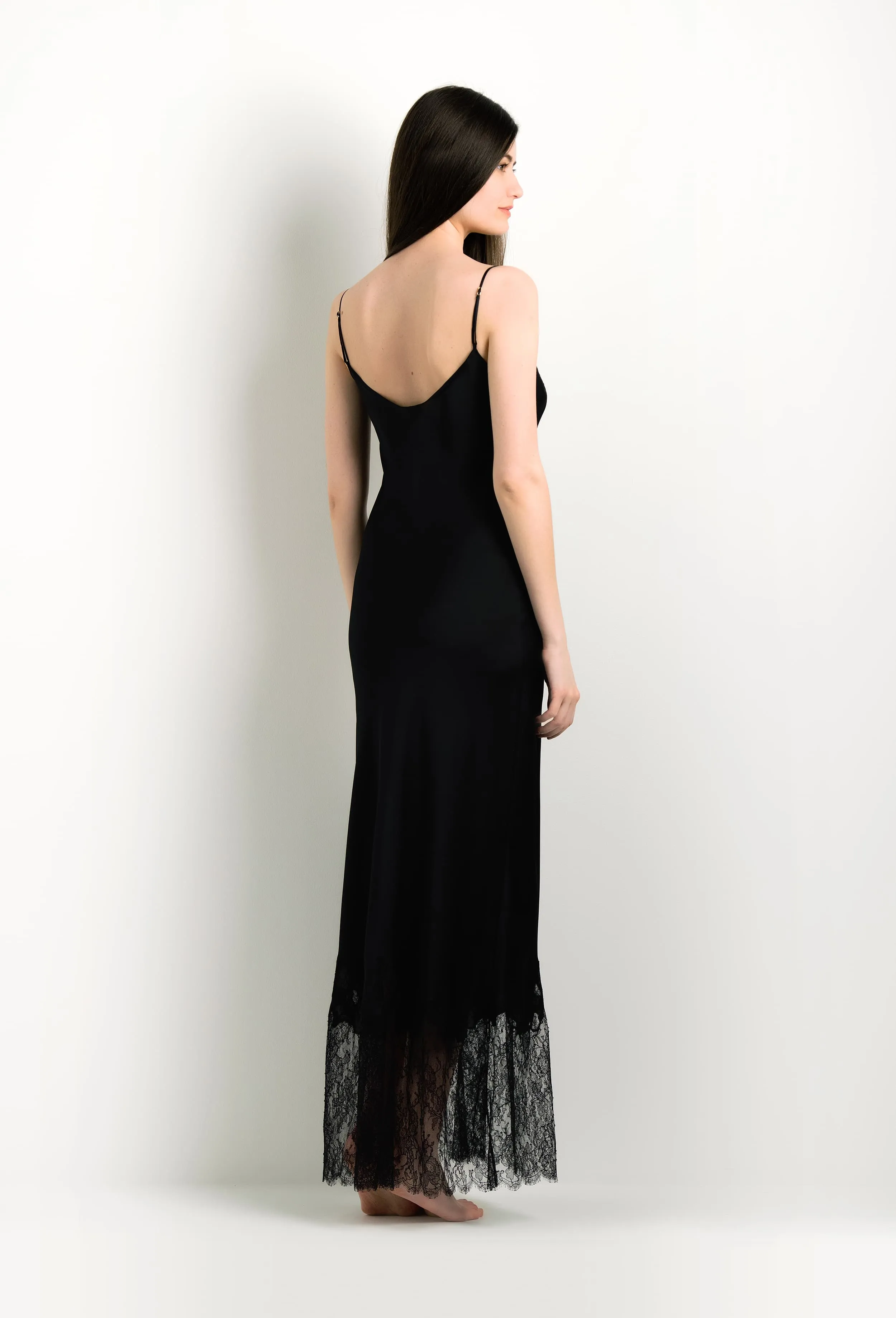 Long silk slip dress - Black and Black Caudry lace