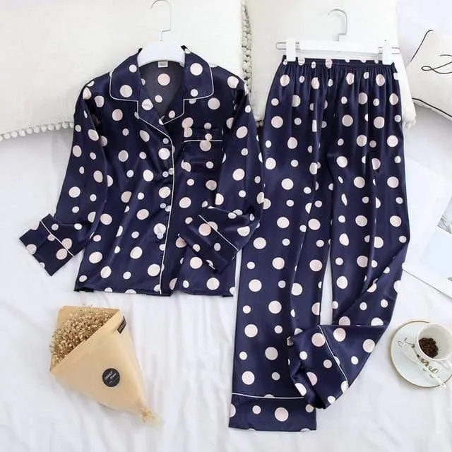 Long Sleeve Pajamas Autumn Ice Silk Long Sleeve Trousers Suit Printing Fashion Pajamas Set