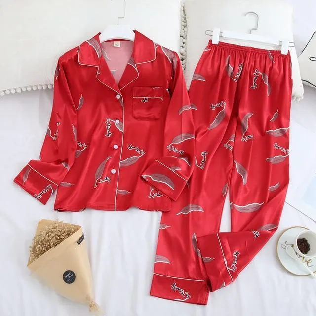 Long Sleeve Pajamas Autumn Ice Silk Long Sleeve Trousers Suit Printing Fashion Pajamas Set
