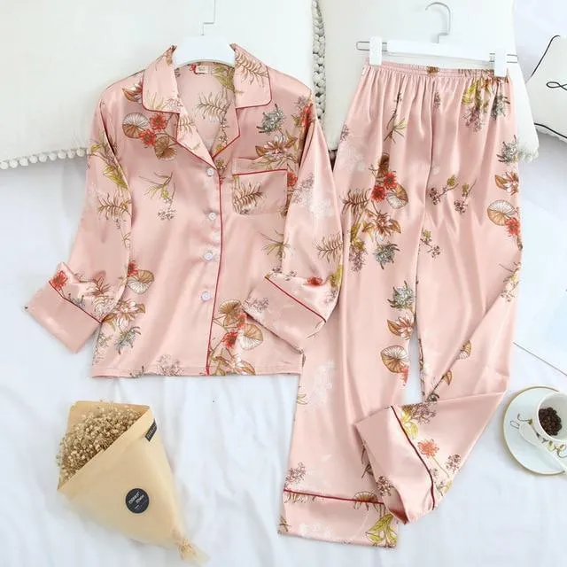 Long Sleeve Pajamas Autumn Ice Silk Long Sleeve Trousers Suit Printing Fashion Pajamas Set