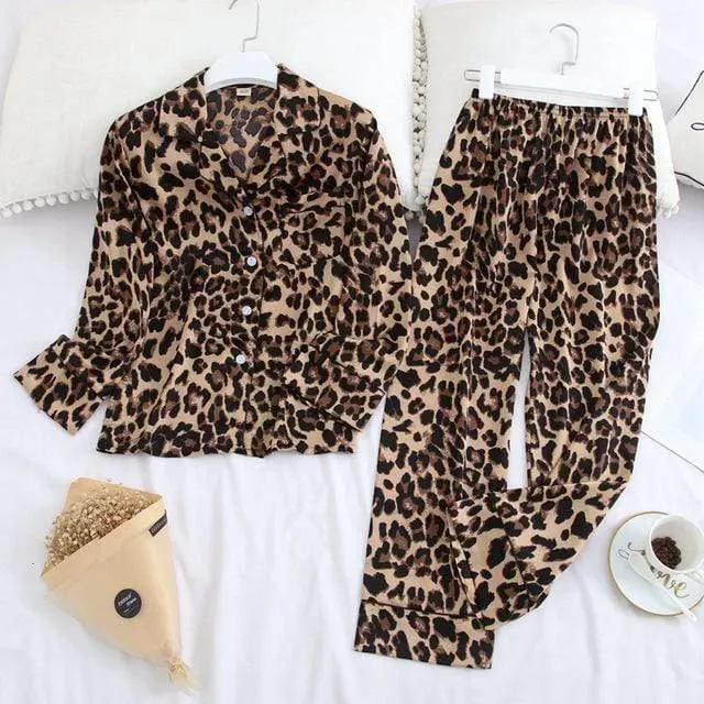 Long Sleeve Pajamas Autumn Ice Silk Long Sleeve Trousers Suit Printing Fashion Pajamas Set