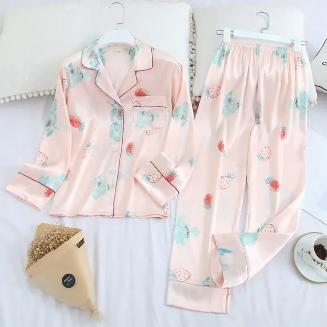 Long Sleeve Pajamas Autumn Ice Silk Long Sleeve Trousers Suit Printing Fashion Pajamas Set