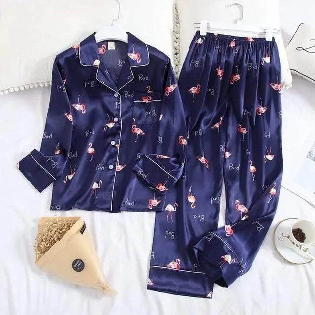Long Sleeve Pajamas Autumn Ice Silk Long Sleeve Trousers Suit Printing Fashion Pajamas Set