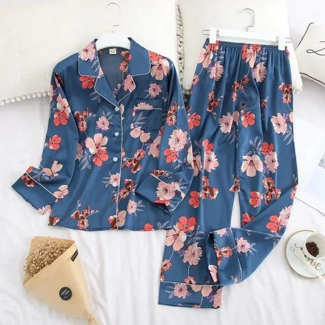 Long Sleeve Pajamas Autumn Ice Silk Long Sleeve Trousers Suit Printing Fashion Pajamas Set