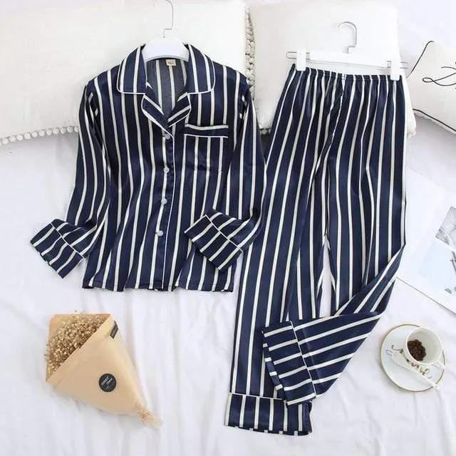 Long Sleeve Pajamas Autumn Ice Silk Long Sleeve Trousers Suit Printing Fashion Pajamas Set