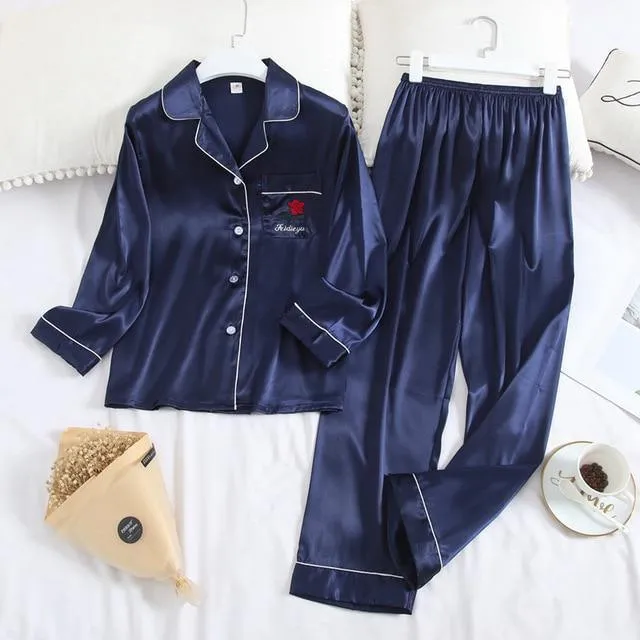 Long Sleeve Pajamas Autumn Ice Silk Long Sleeve Trousers Suit Printing Fashion Pajamas Set