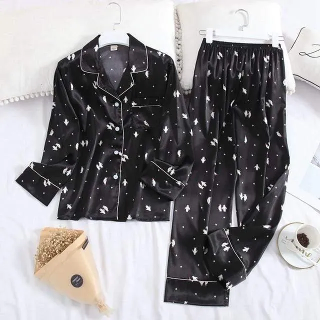 Long Sleeve Pajamas Autumn Ice Silk Long Sleeve Trousers Suit Printing Fashion Pajamas Set