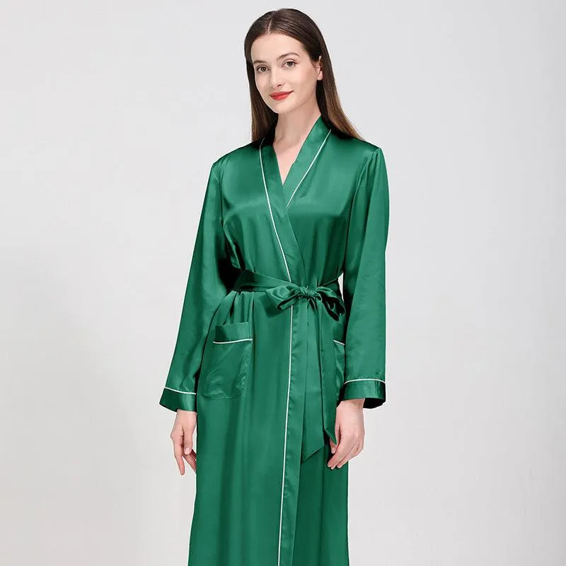 Luxury Classic Womens Silk Robe Full Longth Silk Sleepwear Bathrobe With Contrast piping
