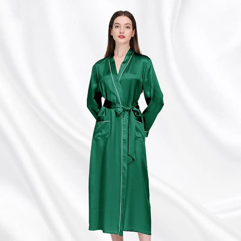 Luxury Classic Womens Silk Robe Full Longth Silk Sleepwear Bathrobe With Contrast piping