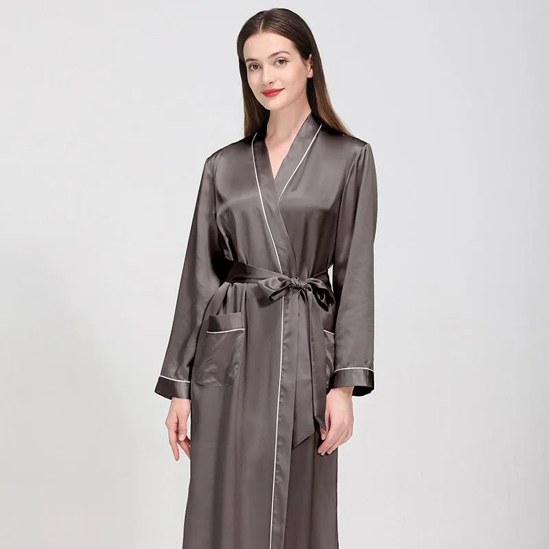 Luxury Classic Womens Silk Robe Full Longth Silk Sleepwear Bathrobe With Contrast piping